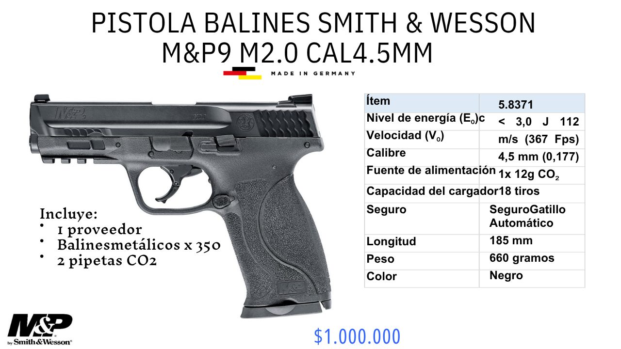 Pistola De Balines SMITH Y WESSON MYP9 M2.0 C/4.5mm