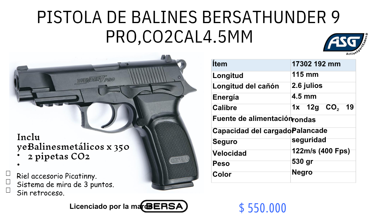Pistola De Balin BERSATHUNDER 9 pro co2 C/4.5 mm