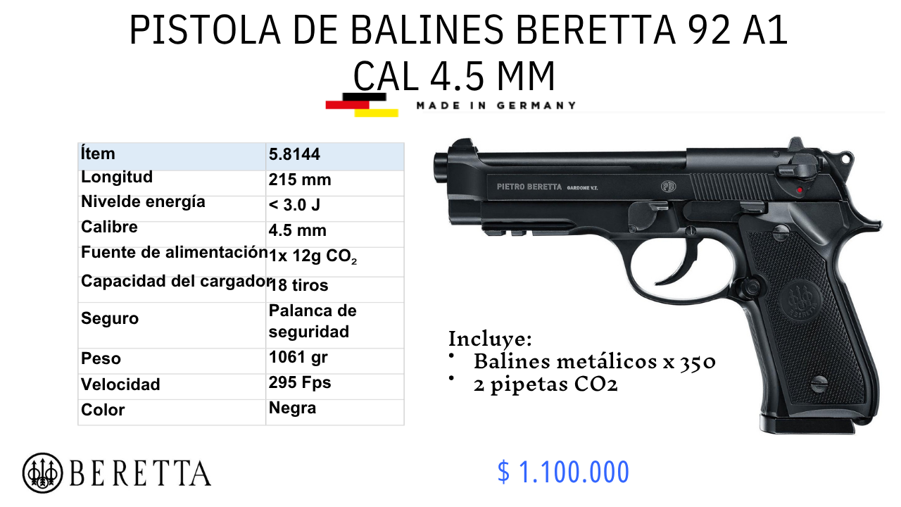 Pistola De Balines BERETTA 92 A1 C/4.5mm
