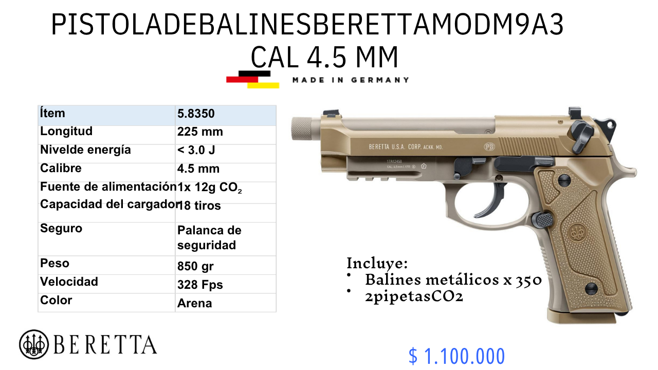 Pistola De Balines Bereta MOD M9A3 C/4.5mm