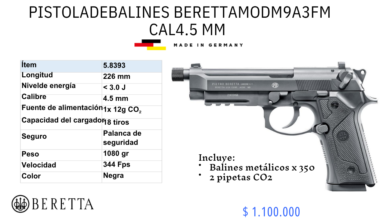 Pistola de Balines Beretta MOD M9A3FM C/4.5 mm