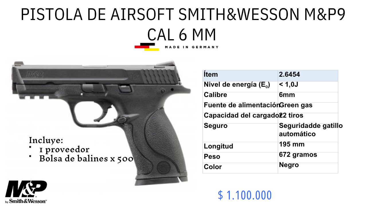 Pistola De Airsoft SMITH Y WESSON MYP9 c/6mm