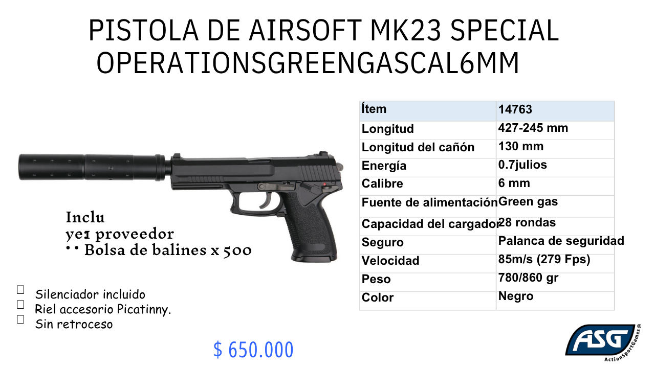 Pistola De Airsof MK23 Special Operation SGREEN GAS C/6mm