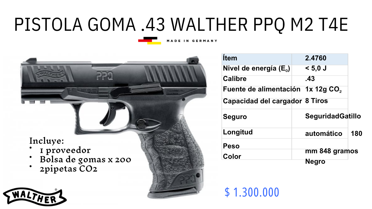 Pistola Goma .43 Walther PPQ M2 T4E