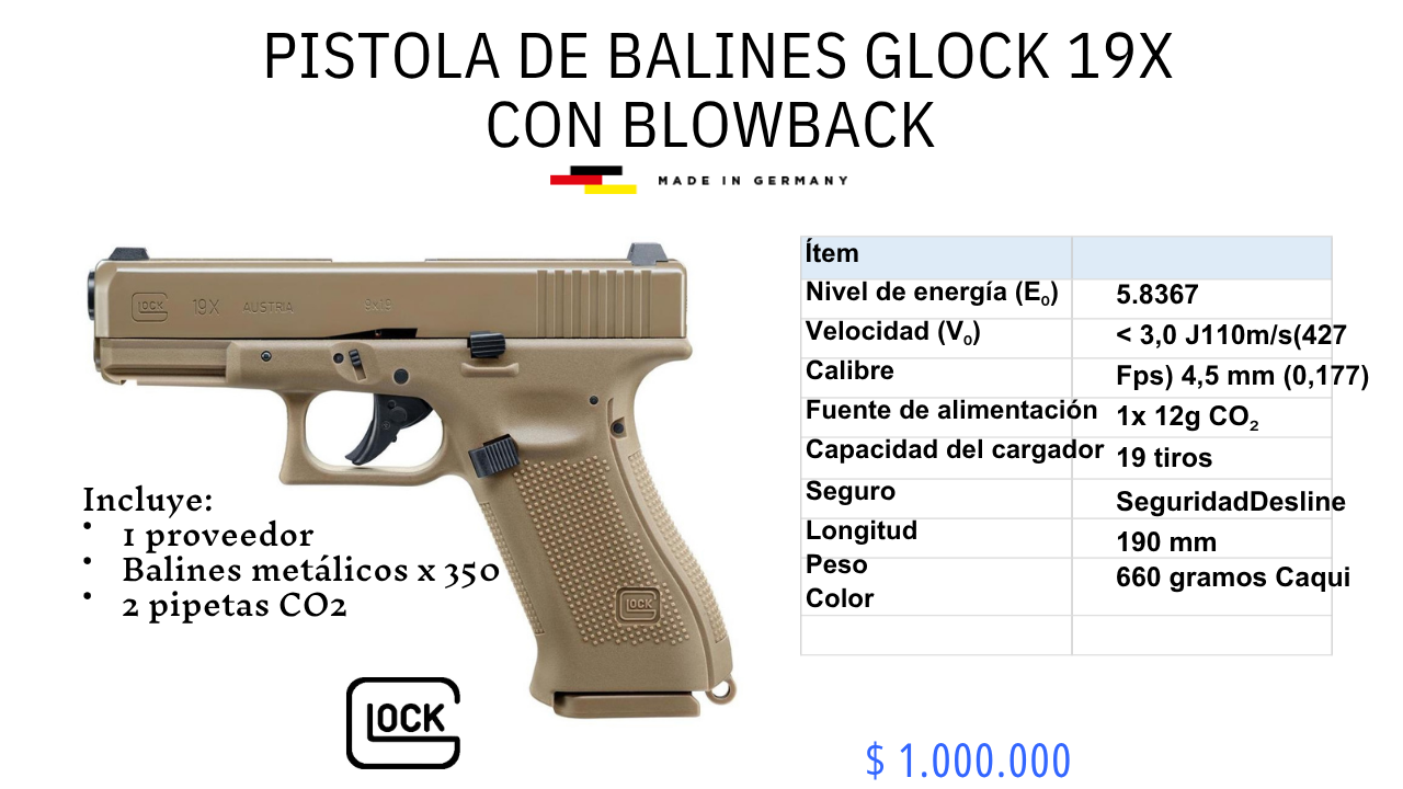 Pistola De Balines Glock 19X con Blowback