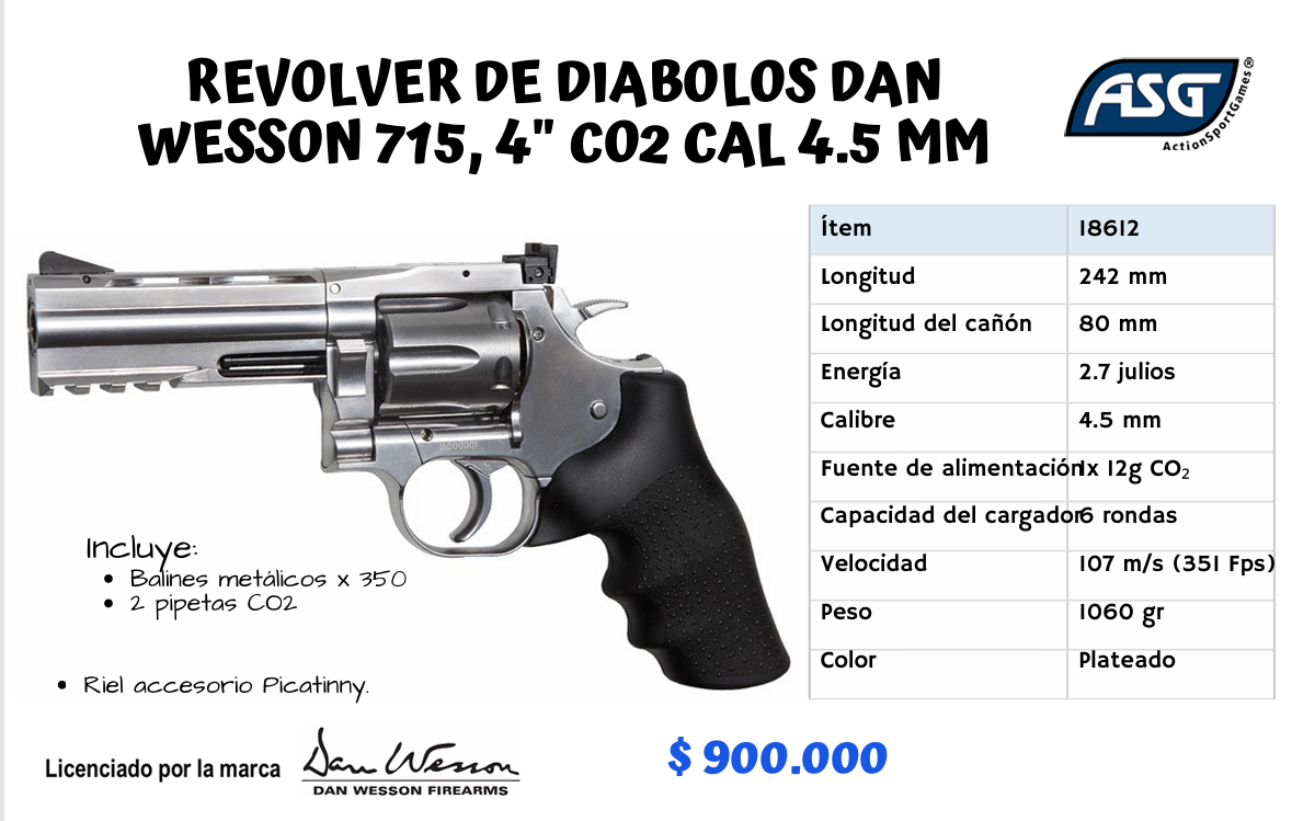 REVOLVER DE DIABOLOS DAN WESSON 715, 4 CO2 CAL 4.5 MM