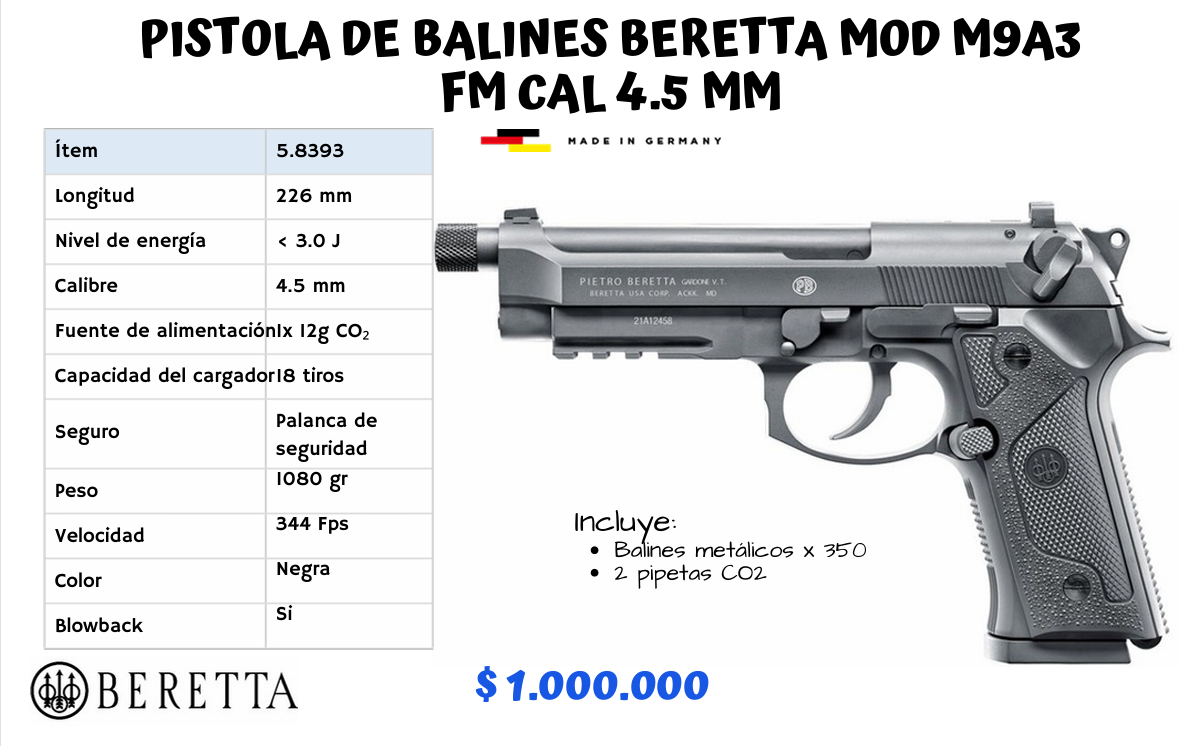 PISTOLA DE BALINES BERETTA MOD M9A3 CAL 4.5 MM