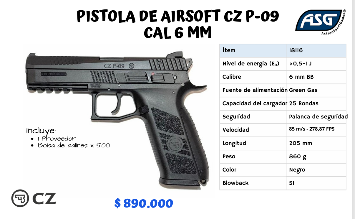 Pistola De Airsoft Cz P-09 Cal 6 mm - NEGRA