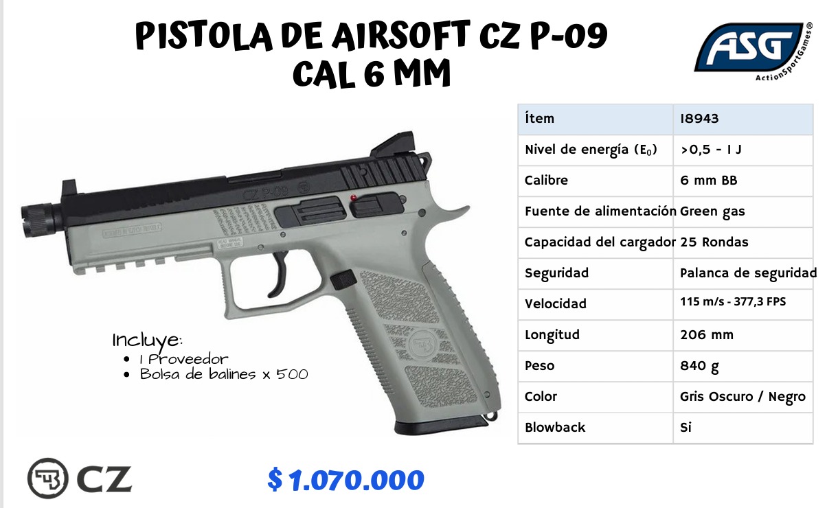 Pistola De Airsoft Cz P-09 Cal 6 mm - GRIS