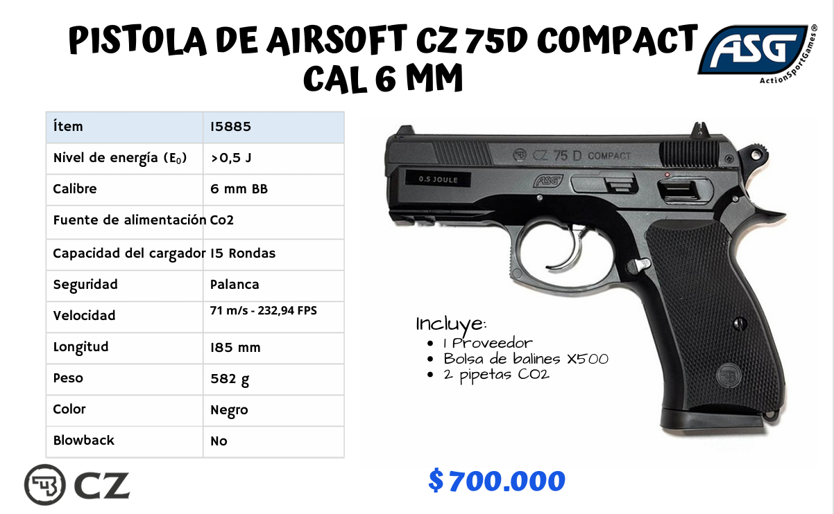 Pistola De Airsoft CZ 75D Compact Cal 6 mm