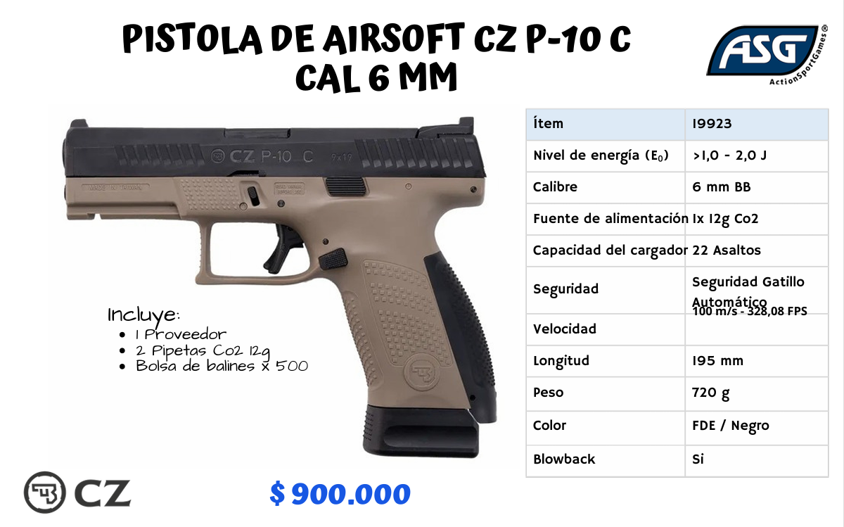 Pistola De Airsoft CZ 75 p-10 Cal 6 mm - CAFE