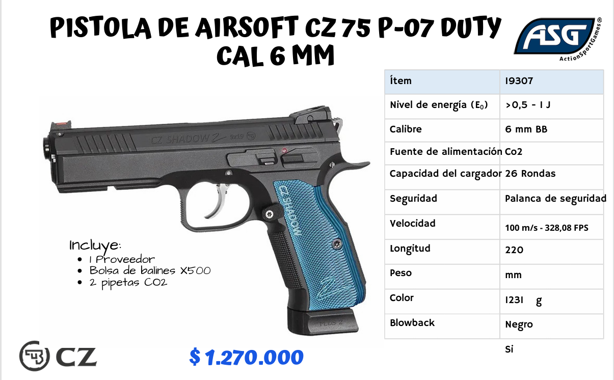 Pistola De Airsoft CZ 75 p-07 DUTY Cal 6 mm - NEGRA