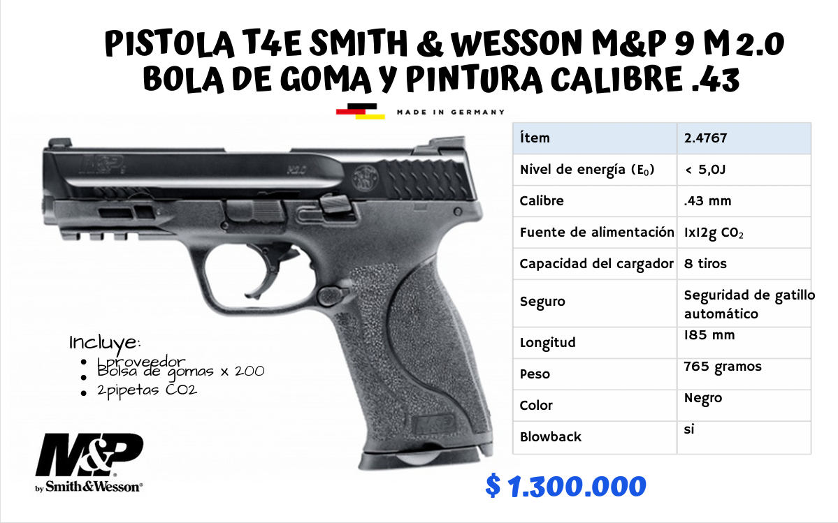 Pistola T4E Smith Y Wesson MyP Bola de Goma y Pintura Cal .43