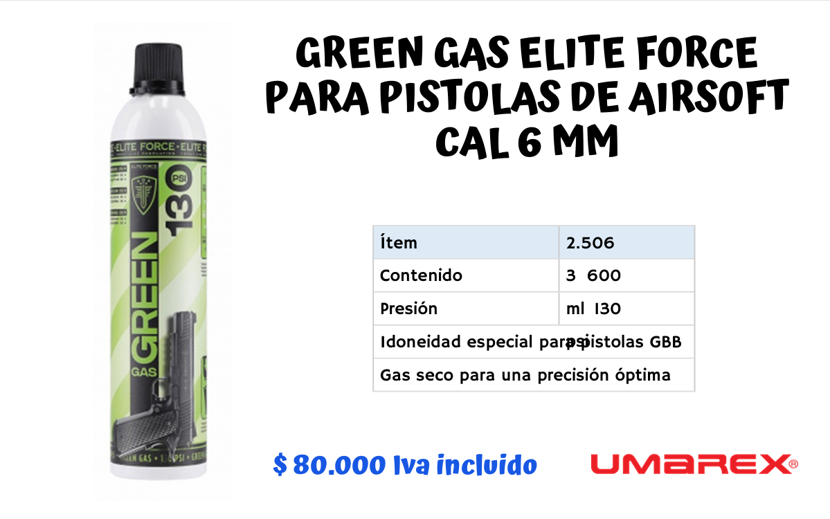 Green Gas Elite Force PARA PISTOLA DE AIRSOFT CAL 6 MM