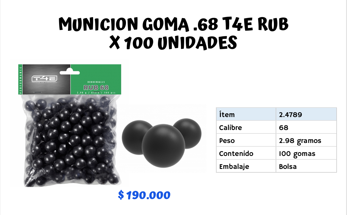 Municion GOMA .68 T4E Rub X 100 Unidades