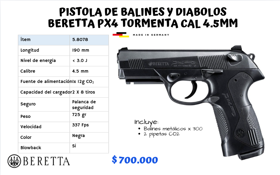 Pistola De Balines y Diabolos Beretta Px4 Tormenta Cal 4.5 mm