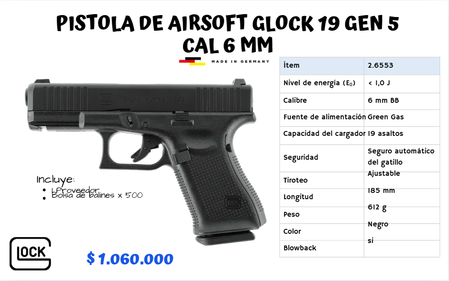 Pistola De Airsoft Glock 19 Gen 5 Cal 6 mm GREEN GAS