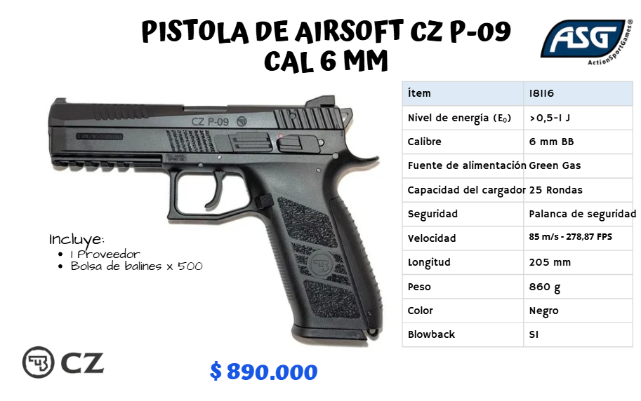 Pistola De Airsoft Cz P-09 Cal 6 mm GREEN GAS