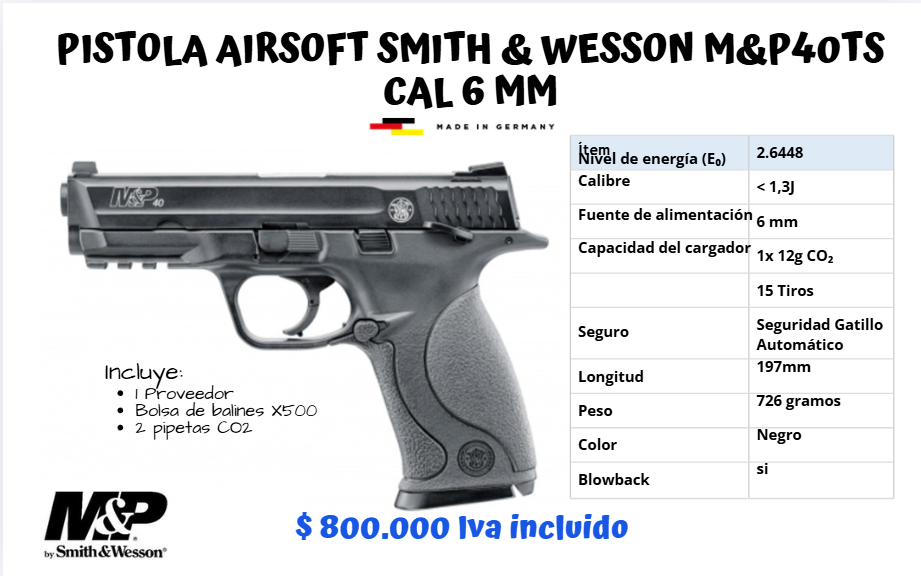Pistola Airsoft Smith y Wesson Cal 6 mm CO2