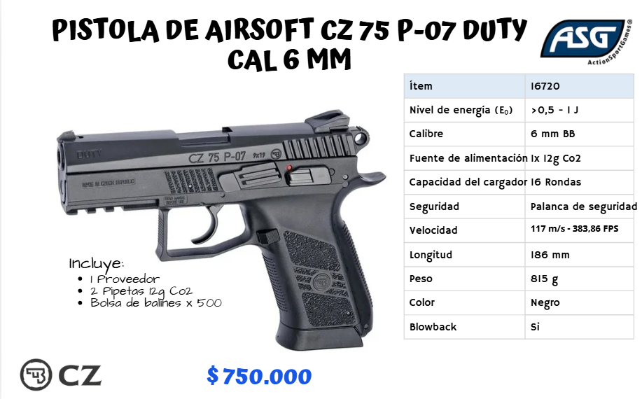 Pistola De Airsoft Cz Cal 6 mm CO2