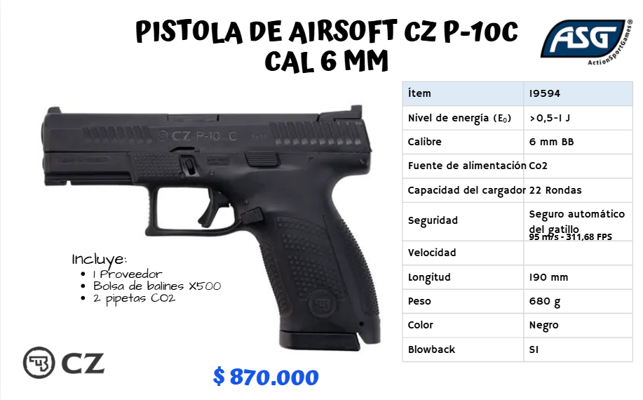 Pistola De Airsoft Cz Cal 6 mm CO2