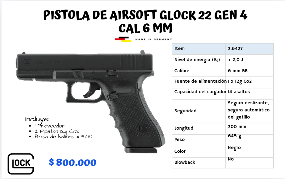 Pistola De Airsoft Glock 22 Gen 4 Cal 6 mm CO2