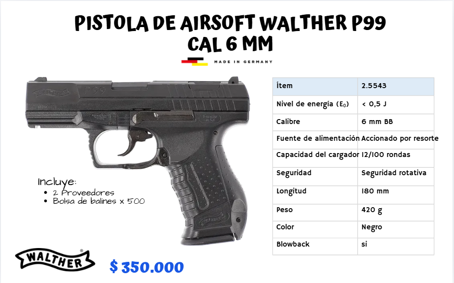 Pistola De Airsoft WALTHER P99 Cal 6 mm RESORTE