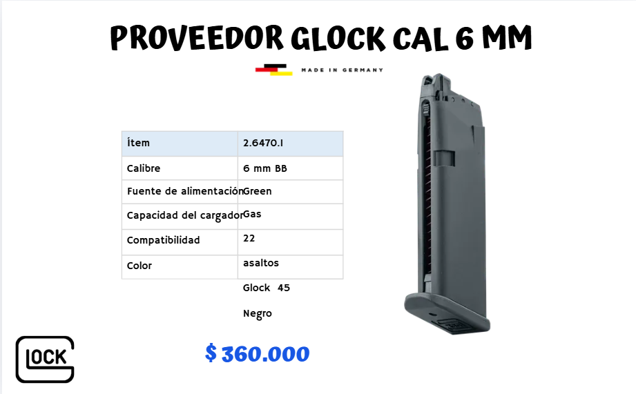 Proveedor Glock Cal 6 mm GREEN GAS