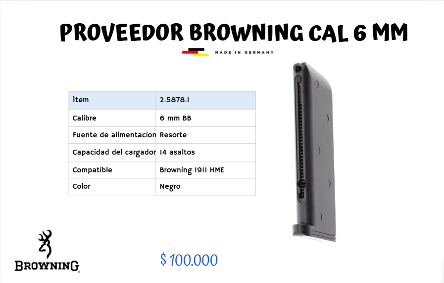 Proveedor Browning Cal 6 mm GREEN GAS