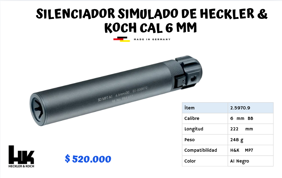 SILENCIADOR SIMULADO DE HECKLER Y KOCH CAL 6 MM