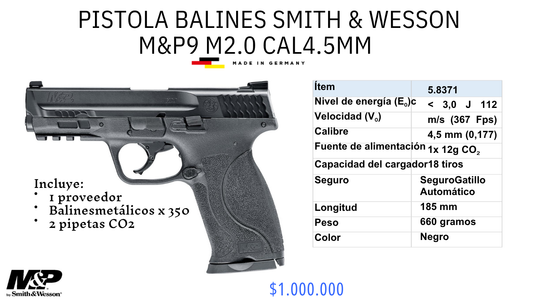 Pistola De Balines SMITH Y WESSON MYP9 M2.0  C/4.5mm