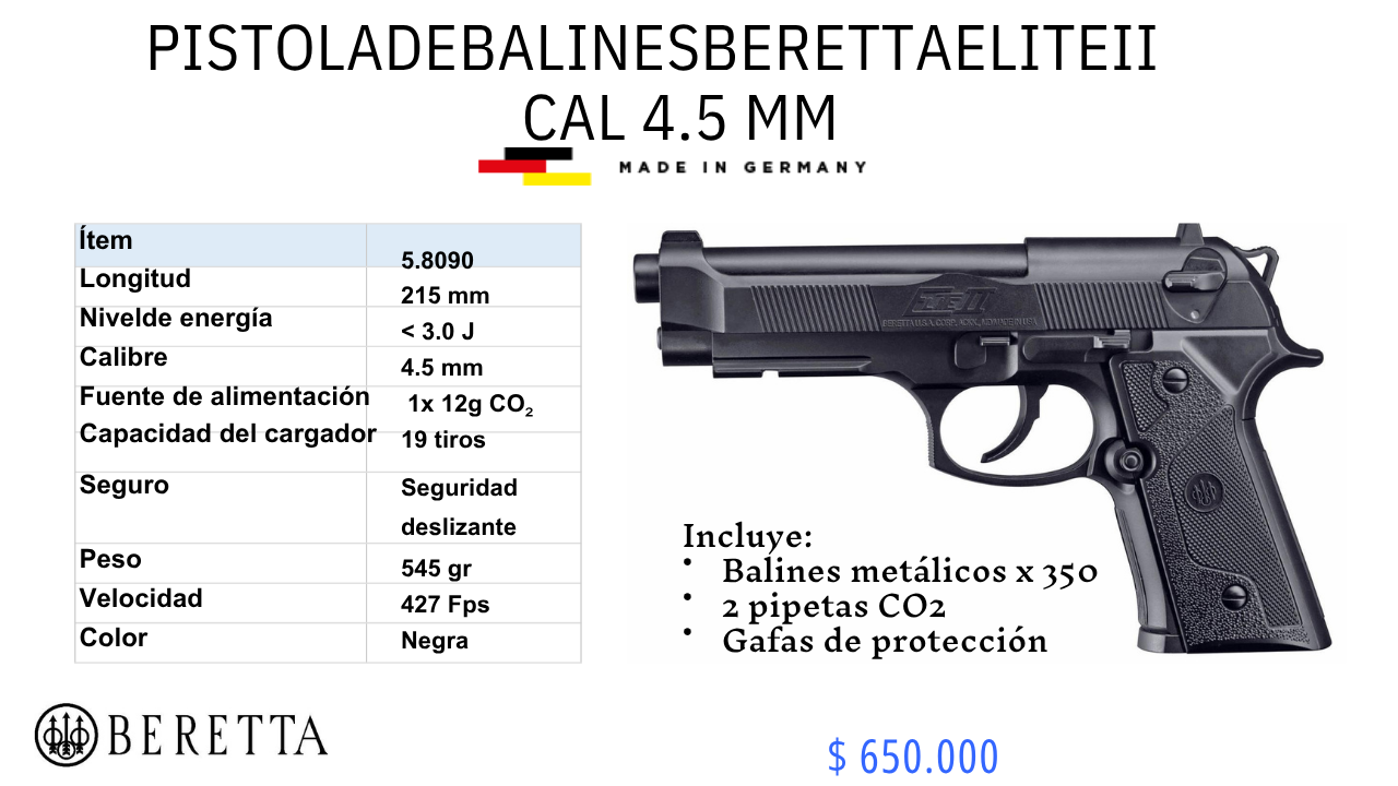 Pistola De Balines Beretta ELITE ll C/4.5mm