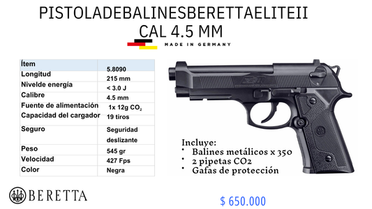 Pistola De Balines Beretta ELITE ll C/4.5mm