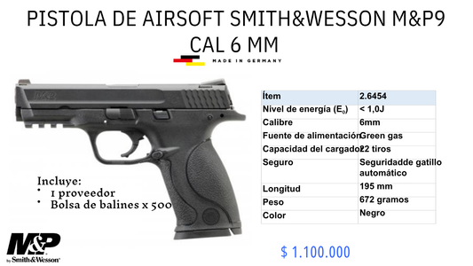 Pistola De Airsoft SMITH Y WESSON MYP9 c/6mm