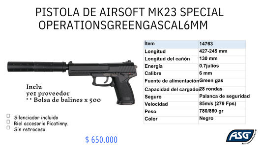Pistola De Airsof MK23 Special Operation SGREEN GAS C/6mm