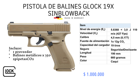 Pistola De Balin Glock 19x Sinblowback