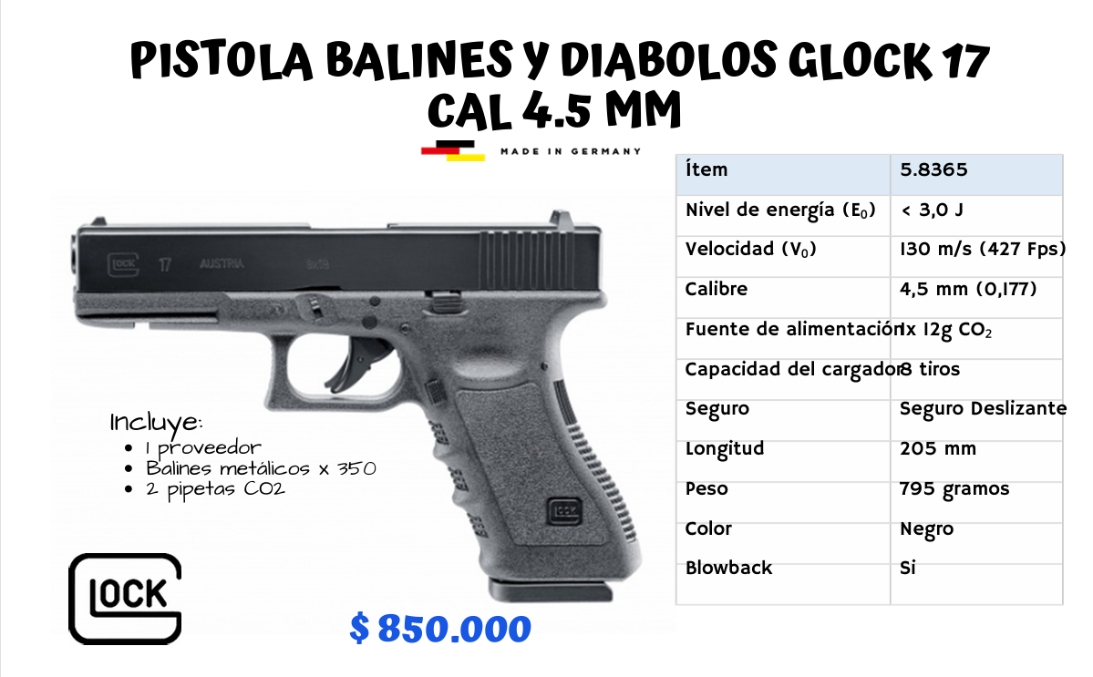 PISTOLA BALINES Y DIABOLOS GLOCK 17 CAL 4.5 MM