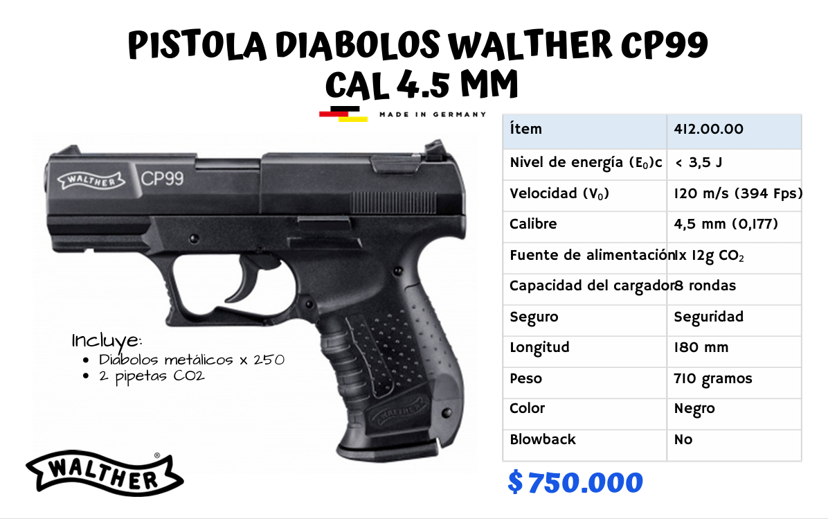 PISTOLA DIABOLOS WALTHER CP99 CAL 4.5 MM