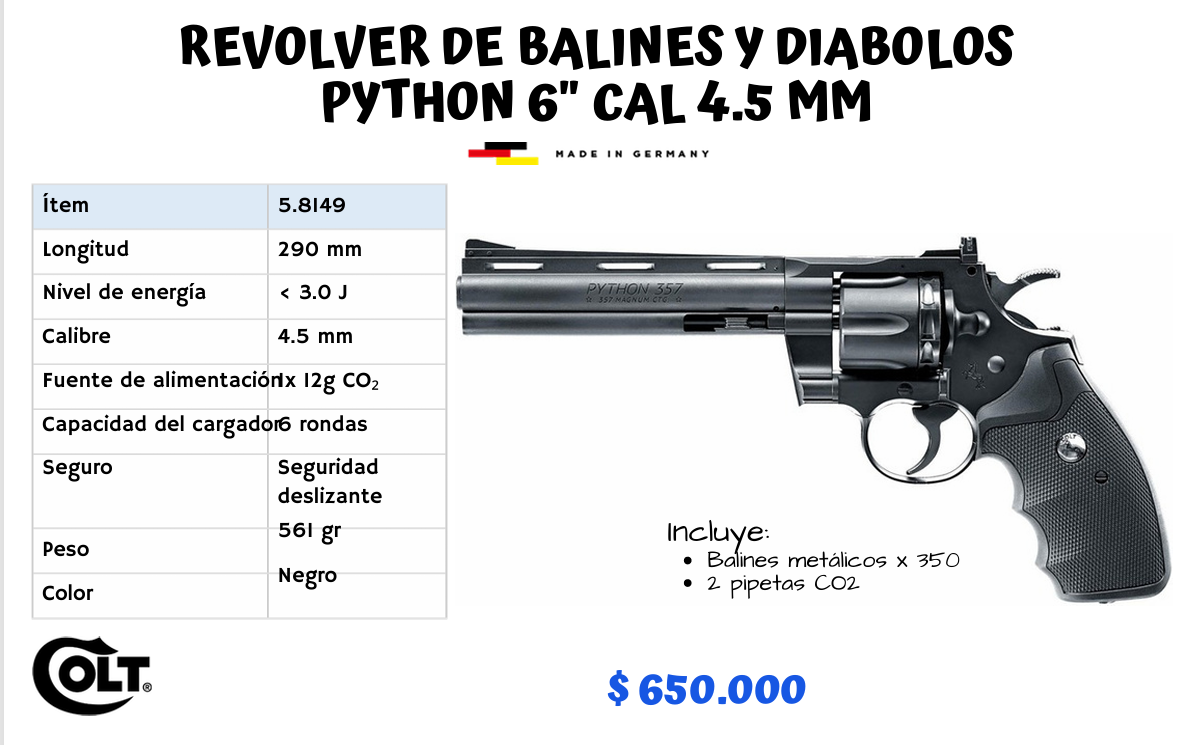 REVOLVER DE BALINES Y DIABOLOS PYTHON 6 CAL 4.5 MM