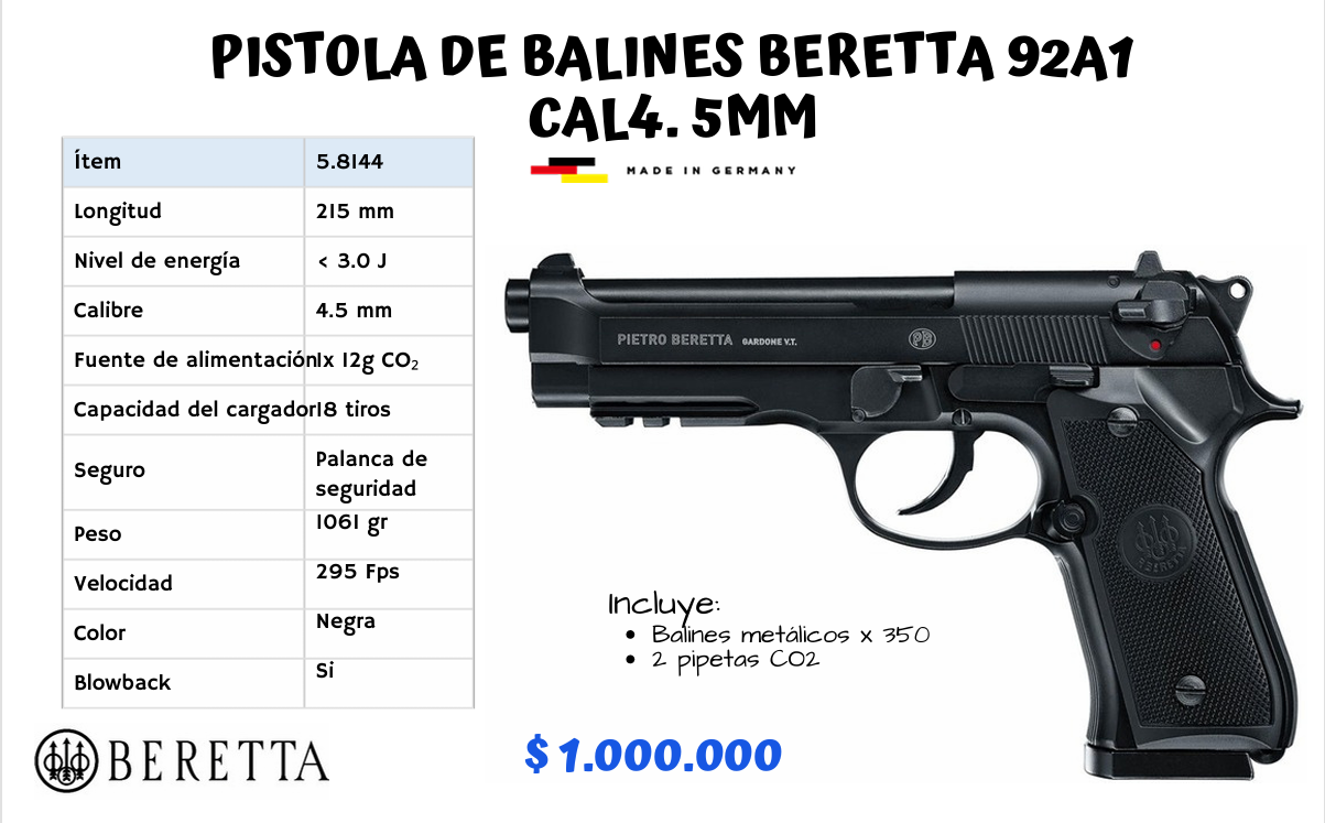 PISTOLA DE BALINES BERETA 92A1 CAL 4.5 MM