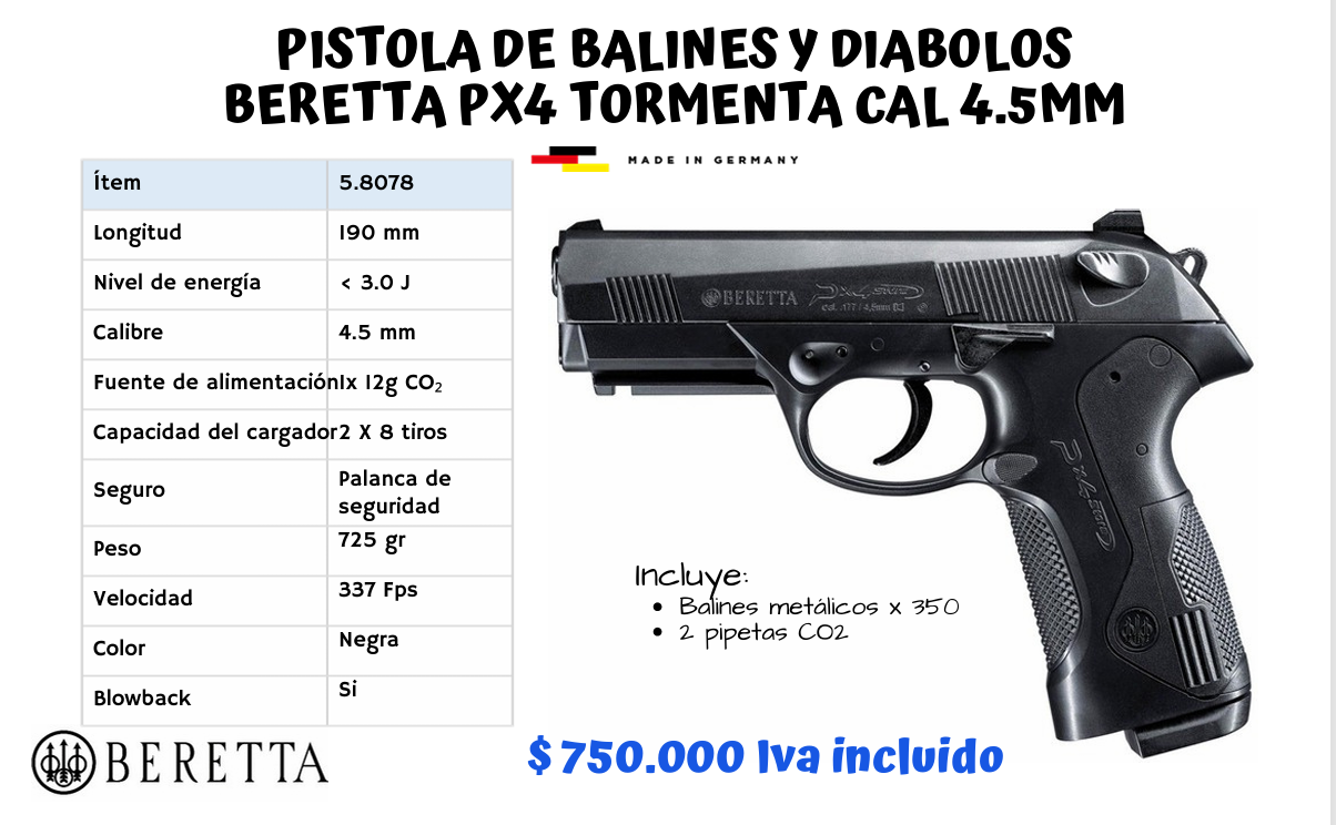 PISTOLA DE BALINES Y DIABOLOS BERETA PX4 TORMENTA CAL 4.5 MM