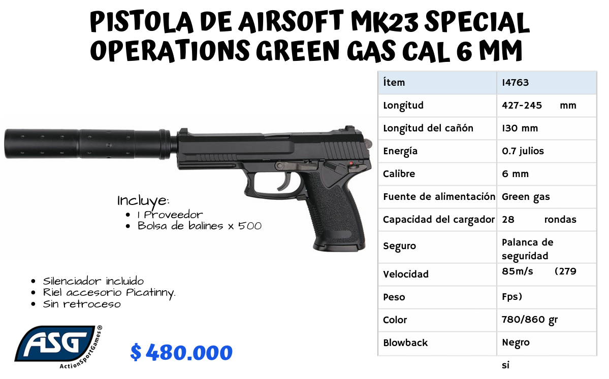 Pistola De Airsoft Mk23 Special Operation Green Gas Cal 6 mm