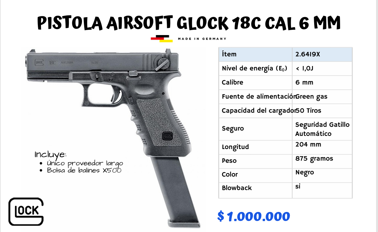 Pistola De Airsoft Glock 18c Cal 6 mm