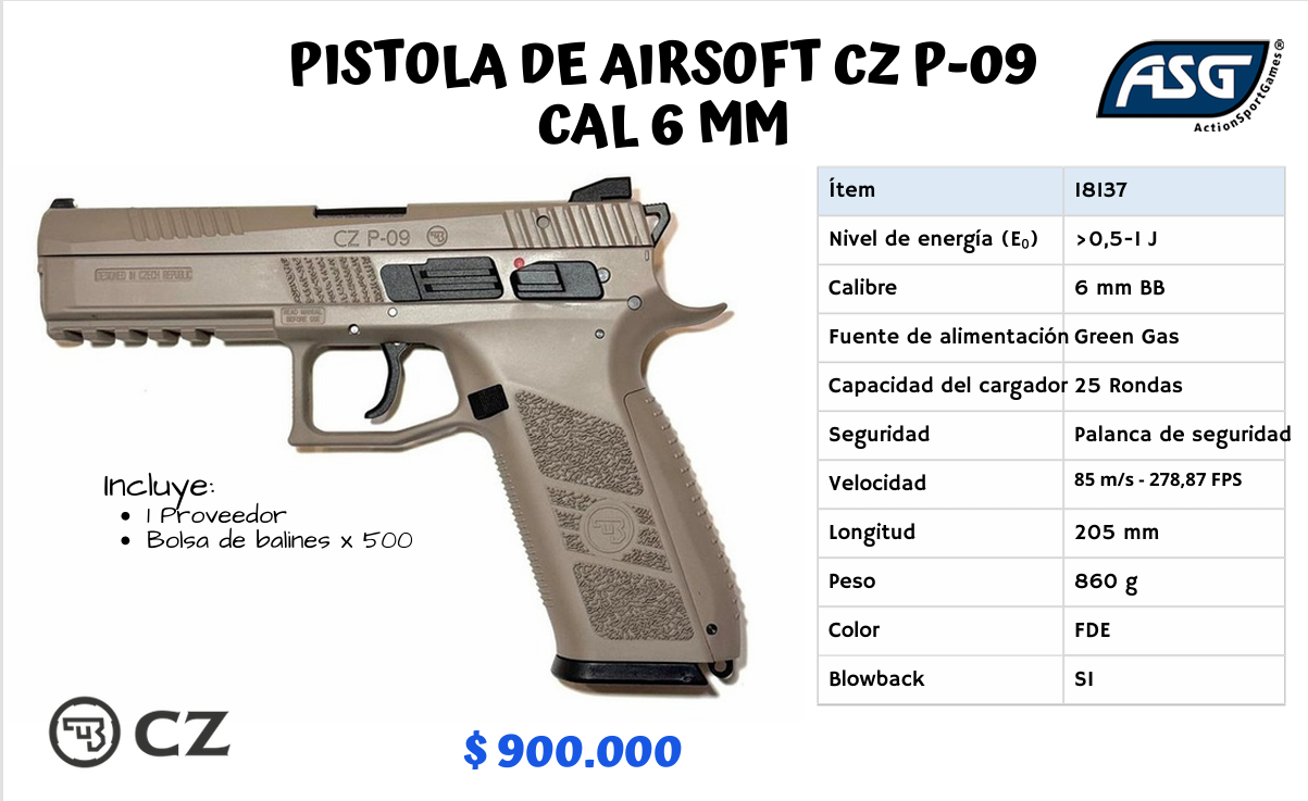 Pistola De Airsoft Cz P-09 Cal 6 mm - CAFE