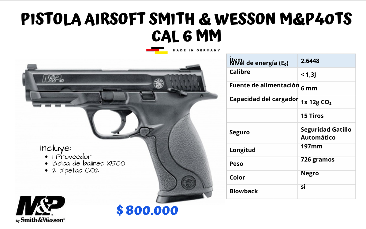 Pistola De Airsoft SMITH Y WESSON  Cal 6 mm