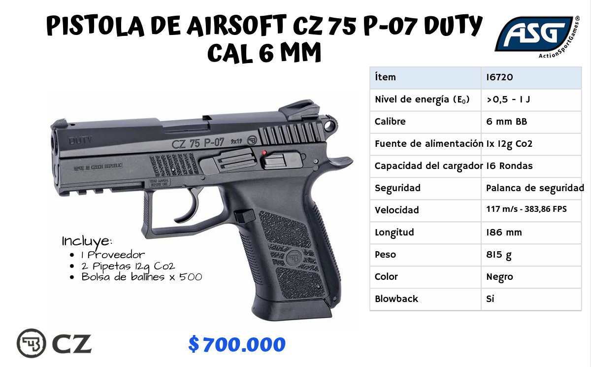 Pistola De Airsoft CZ 75 p-07 DUTY  Cal 6 mm