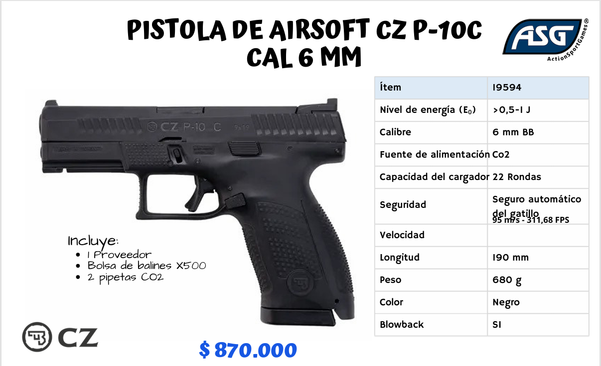 Pistola De Airsoft CZ 75 p-10c  Cal 6 mm