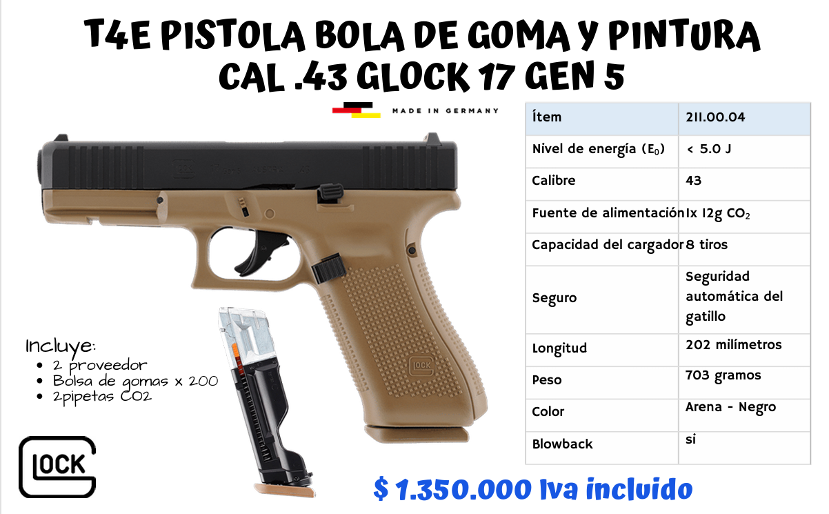 T4E PISTOLA BOLA DE GOMA Y PINTURA CAL .43 GLOCK 17 GEN5