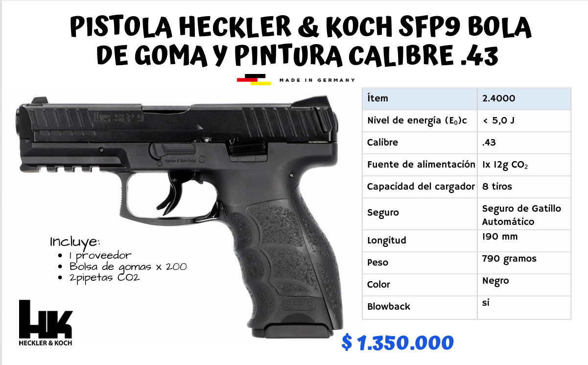 PISTOLA HECKLER Y KOCH SFP9 BOLA DE GOMA Y PINTURA CALIBRE .43