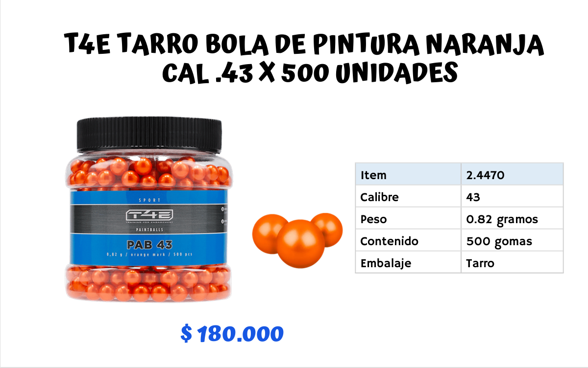 T4E TARRO Bola de Pintura NARANJA CAL .43 X 500 UNID